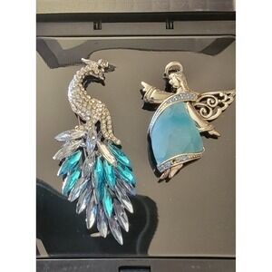 Vintage Style Peacock and Angel Brooch Pin Set Silver Tone Blue Teal Crystals